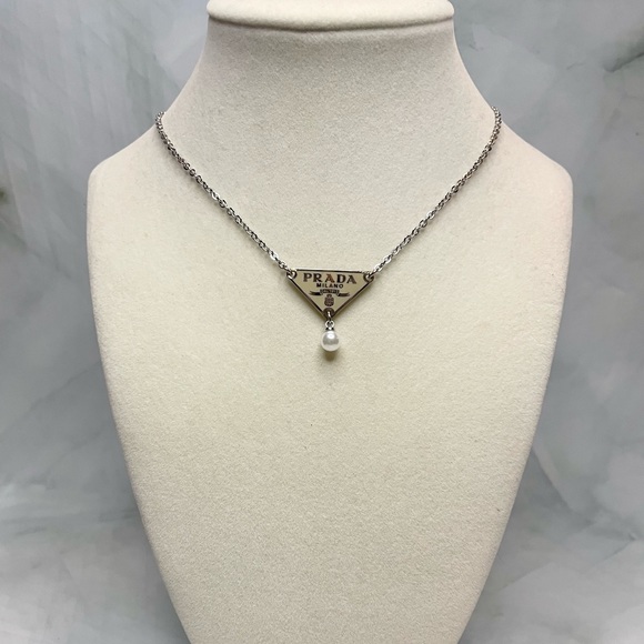 Prada Nude & Silver Triangle Logo Pearl Drop Necklace - Picture 1 of 4